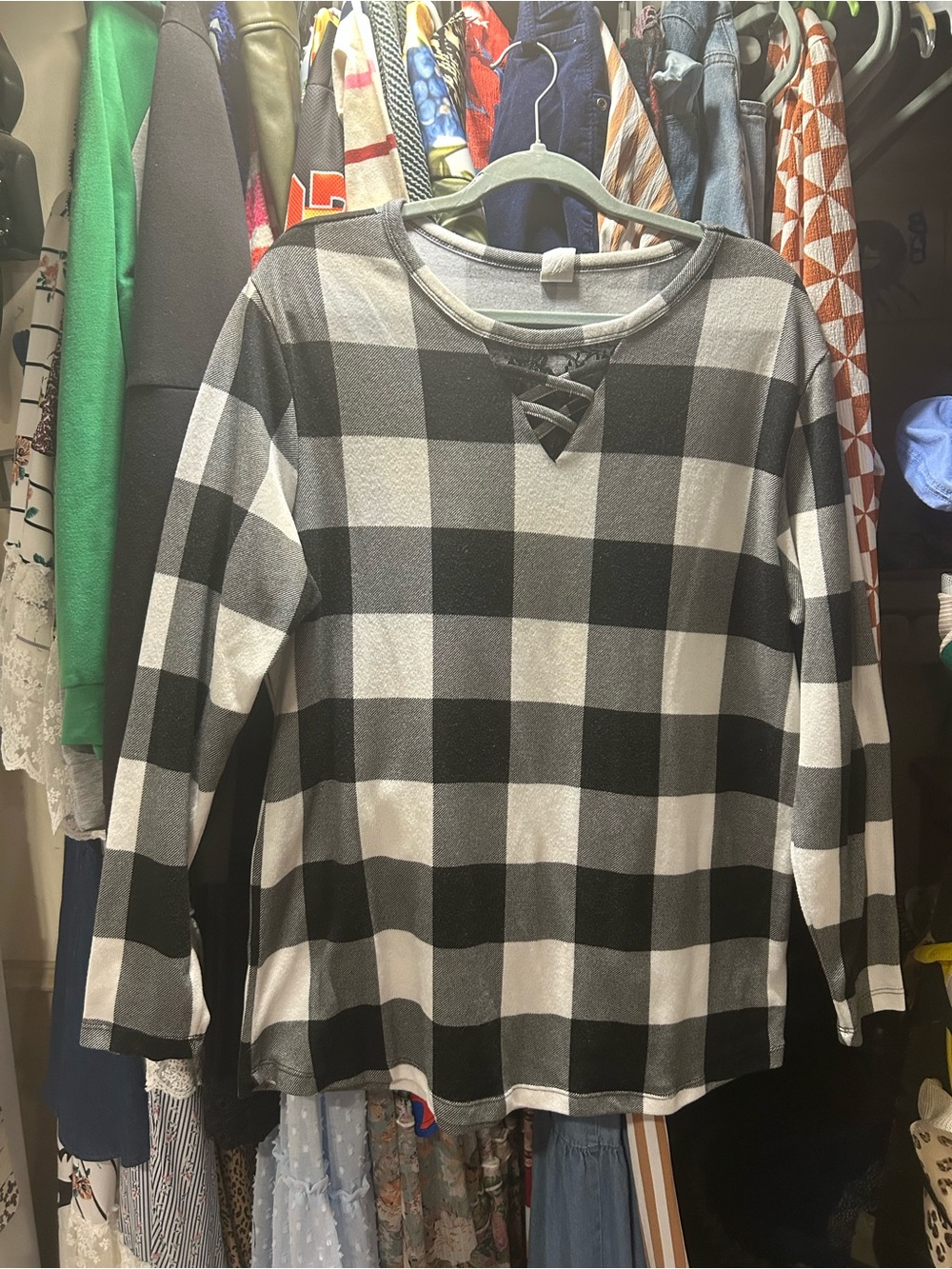 Black and White Buffalo Plaid Long Sleeve Top with Lace-Up Neck